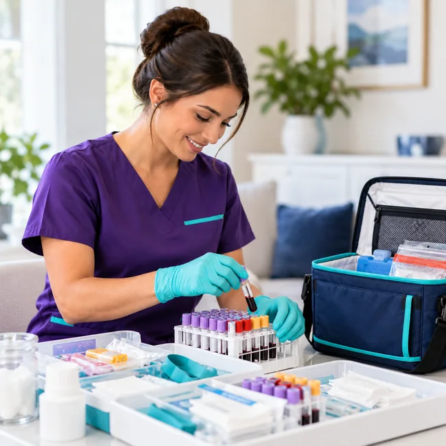 Healthcare professional carefully organizing specialty laboratory specimens and supplies