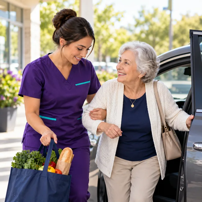 Caregiver helping an older adult with car transportation and grocery errands