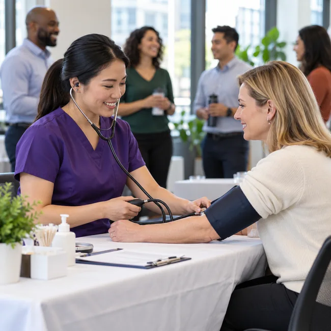 Healthcare professional measuring blood pressure at a workplace wellness event